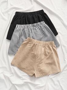 SHEIN VCAY 3件套女士夏季编织时尚多色亚麻短裤，女士夏季服装，夏季服饰，女士节日服装 - 彩色 - 查看 2