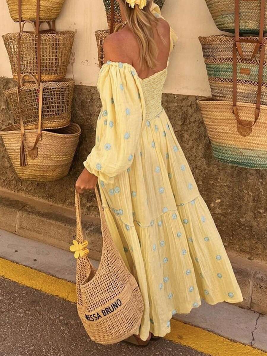 SHEIN Clasi 大码花卉印花宽松休闲长袖连衣裙 - 黃色 - 查看 1