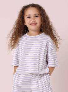 SUMWON Two-Piece Matching Set Boxy Stripe Loungewear Summer Casual Athletic Play Set Striped Outfit School Vacation Comfy Athleisure Set