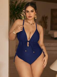 Swim Chiccia Plus Size One-Piece Swimsuit With Elegant Solid Color Metal Pendant Decor And Adjustable Strap, Suitable For Summer Beach - Navy Blue - View 3