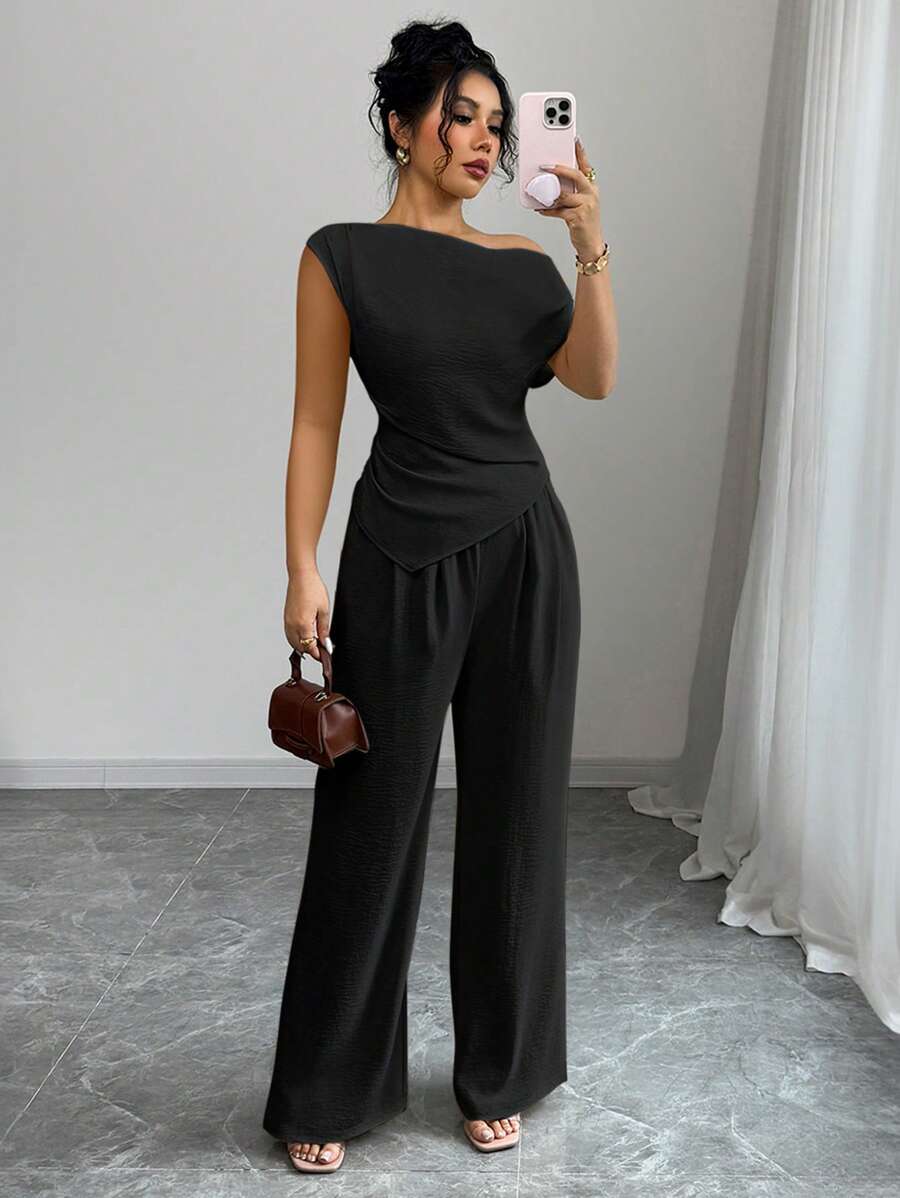 Elenzga Women Elegant One-Shoulder Sleeveless Asymmetrical Hem Fitted Top And Straight Loose Minimalist Versatile Pants 2 Pieces Set, Vacation Suit - Black - View 1