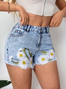SHEIN SXY Pantalones cortos de mezclilla rectos con bordados informales para mujeres