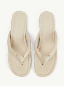 CUCCOO CHICEST Women's Solid Color Round Toe Flat Sandals, Elegant Casual Simple Comfortable Beige Faux Leather Ladies Flip Flops, Beach Shoes, Suitable For Vacation, Beach, Hawaii Island Style