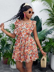 Teen Girls' Summer Casual Vacation Floral Print Ruffled Sleeve Dress - Orange - View 4