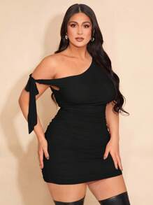 SHEIN BAE 大码女式红色不对称露肩褶饰下摆休闲连衣裙，适合约会、郊游、情人节、女士生日连衣裙、女士夏季服装、女士太阳裙 - 黑色 - 查看 8