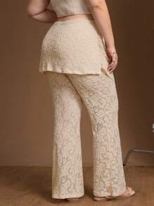 SHEIN MOD 大码卡其色高腰提花喇叭裤，休闲度假夏季下装，复古宫廷风 - 卡其色 - 查看 2