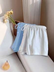 Comfortcana 2pcs Women Linen Striped Shorts - Blue and White - View 3