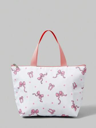 Kawaii 1pc Pink & White Bow Thermal Lunch Bag, Suitable For Commuting, Picnic, Valentine's Day Gatherings