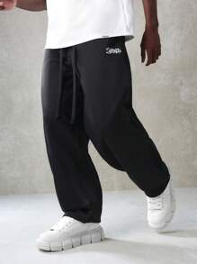 SUMWON 舒适运动慢跑运动裤，带弹性裤脚，宽松休闲裤，适合健身训练跑步健身运动休闲装 - 黑色 - 查看 1