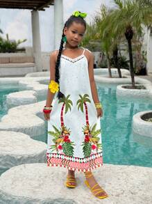 Vestido sin mangas con estampado tropical para niñas preadolescentes, ropa de playa y resort de verano, conjunto a juego de madre e hija (se venden por separado 2 piezas)