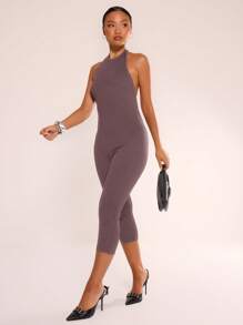 MUSERA Halterneck Capri Jumpsuit Summer Casual - Coffee Brown - View 4