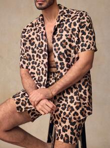 Manfinity VCAY 2 件套男士休闲豹纹梭织衬衫套装