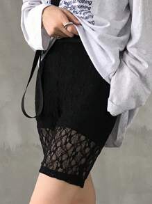 FRIFUL Women's Black Lace High Waist Cropped Leggings, Summer Fashion