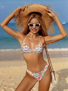SHEIN Swim 2025 新款女式针织散碎小碎花随机扭纹前背露背吊带上衣和随机碎小碎花侧系带丁字裤 - 彩色 - 查看 7