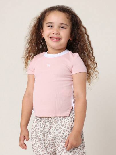 SUMWON Girls Ribbed Baby Tee Side Bow Detail Short Sleeve T-Shirt Casual Summer Spring Knit Top Basic Essential School Uniform Friendly