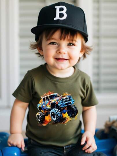 Baby Boy Funny Colorful Splash Paint Car Print Short Sleeve T-Shirt, Summer