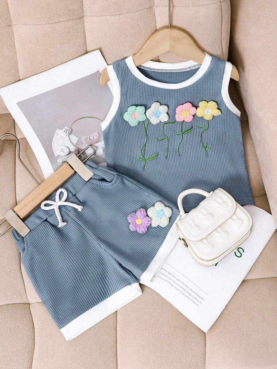 女婴可爱 3D 花卉装饰无袖圆领背心 + 休闲蝴蝶结短裤 2 件套，夏季 - 藍色 - 查看 1