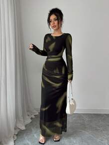 Selianne Women's Elegant Elastic Ombre Printed Mesh Ruched Bodycon Maxi Dress Fall Cloth For Women - Olive Green - View 5