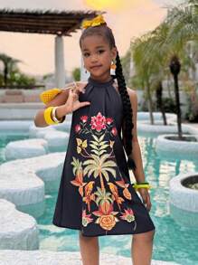 Tween Girl Tropical Ruffled Halter A-Line Dress, Suitable For Vacation And Beach, Mommy And Me Matching Outfits (2 Pieces Are Sold Separately) - Black - View 2