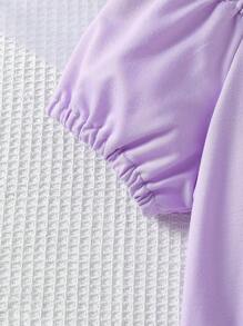 Girls Knit Sweatsuit Set,Purple,Summer,Casual,School Soft Stretchy Fabric Square Neckline Puff Sleeves Top & Pants Everyday Outfit - Purple - View 5