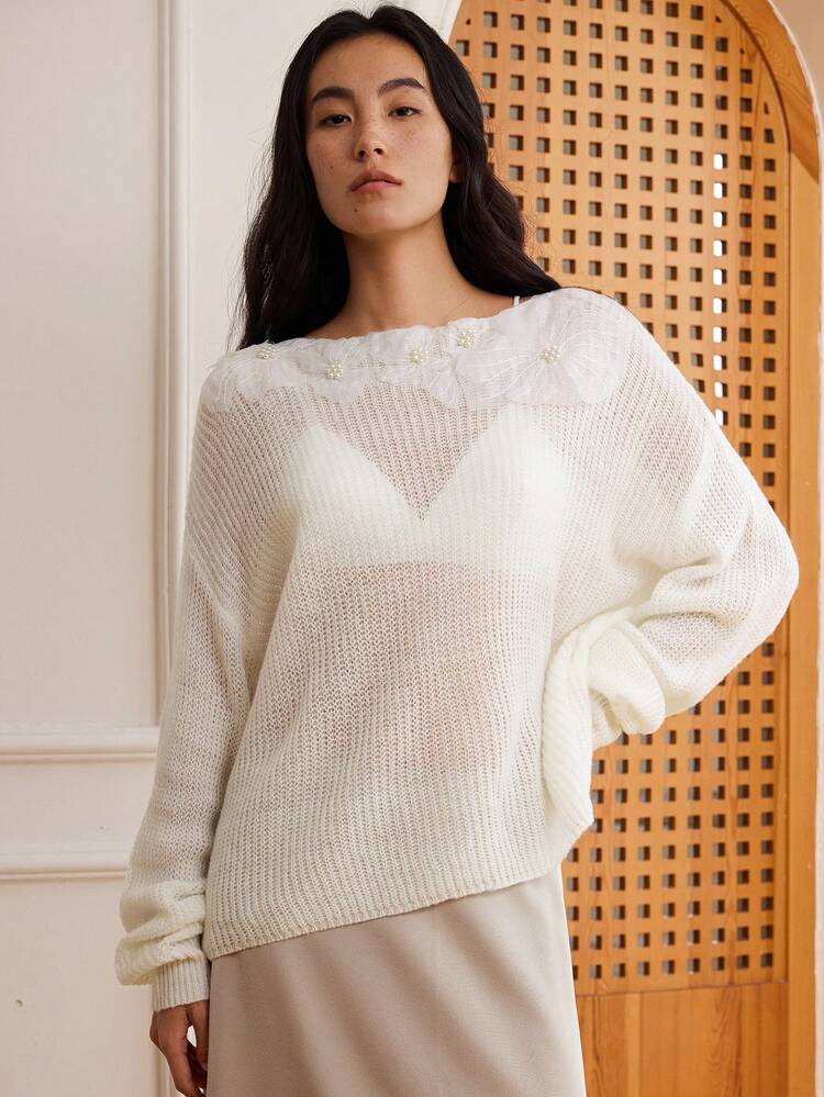 Women's Casual Vacation 3D Floral Decor Hollow-Out Loose Knitted Sweater,Fall Women Clothes