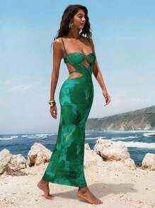 Opulessa Women's Tie-Dye Hollow Spaghetti Strap Dress, Suitable For Summer - Green - View 3