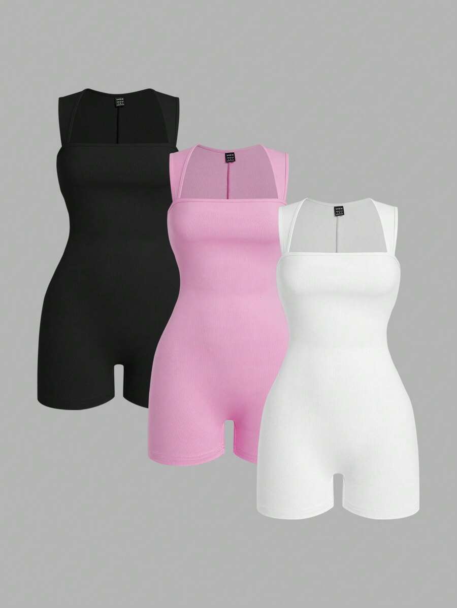 SHEIN EZwear Bộ 3 quần yếm bó sát không tay màu trơn, thường ngày mùa hè - Nhiều màu - Xem 1