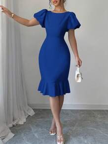 Elenzga Women Solid Color Round Neck Petal Sleeve Ruffle Hem Dress - Royal Blue - View 3