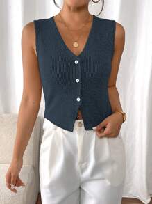 SHEIN Frenchy Women's Solid Color Single-Breasted V-Neck Casual Versatile Camisole Summer Blue - Navy Blue - View 5