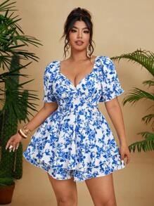Sunnyshic Tuta corta con maniche corte, doppio volant sulla balza, stampa floreale blu, per donne taglie forti per vacanze