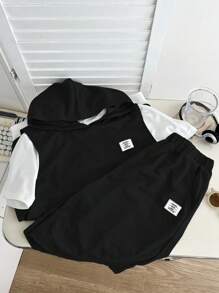 Summer,Holiday,Traveler2pcs/Set Teen Boy Summer Casual Letter Patched Hoodie Top And Shorts Set - Black - View 6