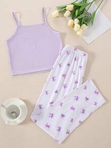 2pcs/Set Tween Girls Ribbed Camisole & Bow Print Elastic Waist Casual Pants Home Outfit - Purple - View 2