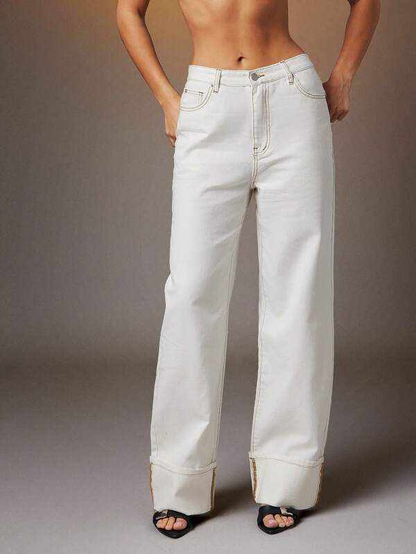Denimoi Relaxed Fit Cuffed Summer Jeans Cuffed Leg Jeans Cuffed Hem Jeans Cuffed Ankle Jeans Summer Pants For Women Summer Jeans For Women White Jeans White Denim Straight Leg Jeans Mid Rise Jeans Classic Straight Leg Mid Rise Jeans Denim On Denim Fashionable