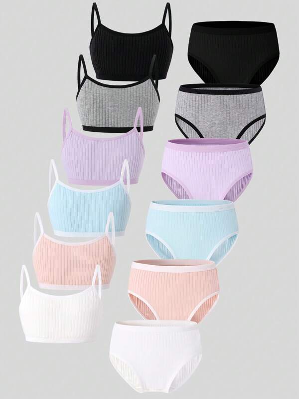 Set de 6 bucăți pentru fete, culoare uni, bumbac texturat, camisole și chiloți, roz, violet, gri, albastru, negru, alb