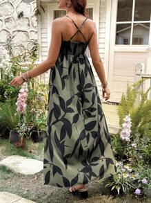 SHEIN Maternity Random Printed Simple Daily Spaghetti Strap Dress For New Year Clothes - Army Green - View 2