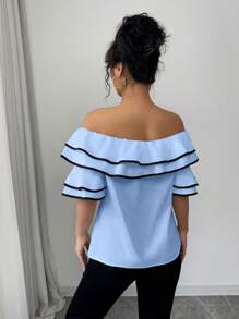 Chiquease Fashionable Off Shoulder Double Ruffle Trim Blouse - Blue - View 2