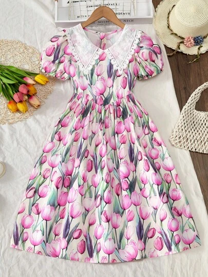 SHEIN Vestido mini elegante, lujoso y adorable con mangas abullonadas, decoración de lazo y estampado de tulipanes para niña preadolescente, adecuado para primavera, verano, fiestas y ocasiones festivas, color morado