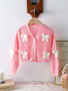 Elladie kids Young Girl V-Neck Front Button Bow Detail Long Sleeve Cardigan Baby Pink Autumn - Pink - View 1