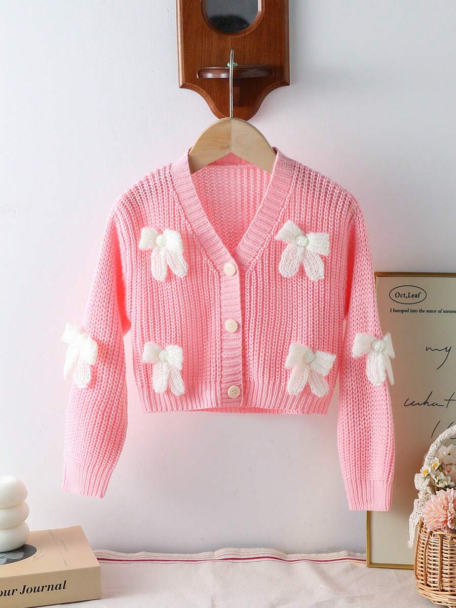 Elladie kids Young Girl V-Neck Front Button Bow Detail Long Sleeve Cardigan Baby Pink Autumn - Pink - View 1