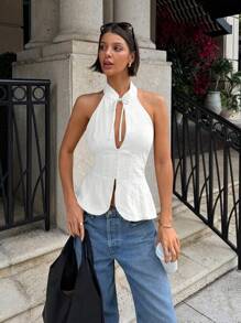 Siren Gaze Women's Tie Neck Slim Fit Hollow Out Halter Tank Top, Open Slit Front Blouse For Outgoing Party Chic White Summer - White - View 4