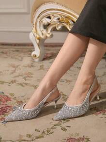 CUCCOO TILAWA Silver Toe Open Pointed-Toe Rhinestone Satin Wedding Heels For Women For Christmas - Silver - View 12