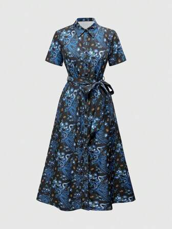 Gothic Floral Print High Slit A-Line Women Shirt Dress