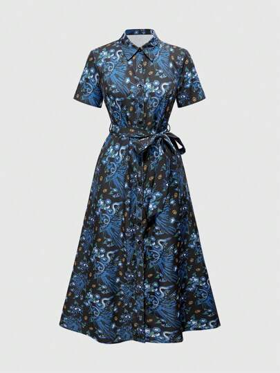 Gothic Floral Print High Slit A-Line Women Shirt Dress