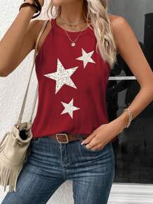 SHEIN LUNE Women's Casual Star Print Crew Neck Tank Top, Suitable For Summer - Burgundy - View 4