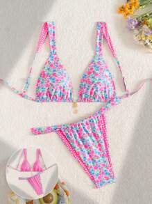 SHEIN Swim Women's Fashion Sexy Multicolor Random Print Triangle Top & Tie-Side Bottom Bikini Set, Tropical Holiday Style For Summer Beach Vacation - Multicolor - View 2