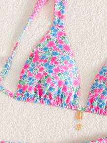 SHEIN Swim Women's Fashion Sexy Multicolor Random Print Triangle Top & Tie-Side Bottom Bikini Set, Tropical Holiday Style For Summer Beach Vacation - Multicolor - View 1