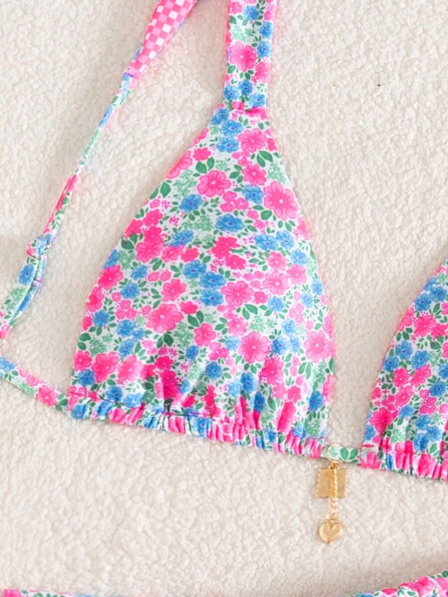 SHEIN Swim Women's Fashion Sexy Multicolor Random Print Triangle Top & Tie-Side Bottom Bikini Set, Tropical Holiday Style For Summer Beach Vacation - Multicolor - View 1