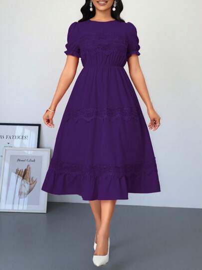 Lunelith SHEIN Lunessa Women's Vintage Elegant High-End Short Sleeve Hollow Floral Lace Patchwork Lantern Sleeve Waisted Flare Hem Dress