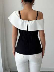 Elenzga Women's Fashionable & Elegant Asymmetrical Collar Contrast Color Blouse