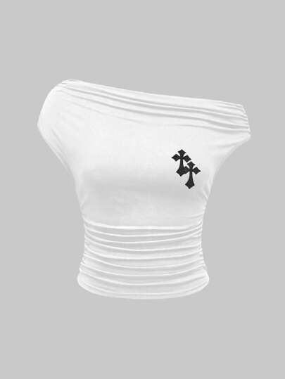 Grunge Punk Y2K Harajuku Style Women Cross Embroidery Cropped Slim Fit Oblique Shoulder T-Shirt